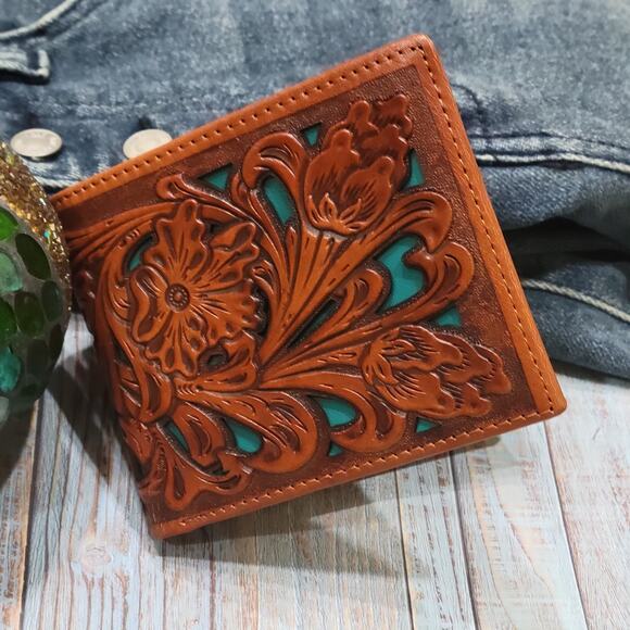 Western Mens wallet Western GENUINE LEATHER Short Lasercut Layered Tan & Teal